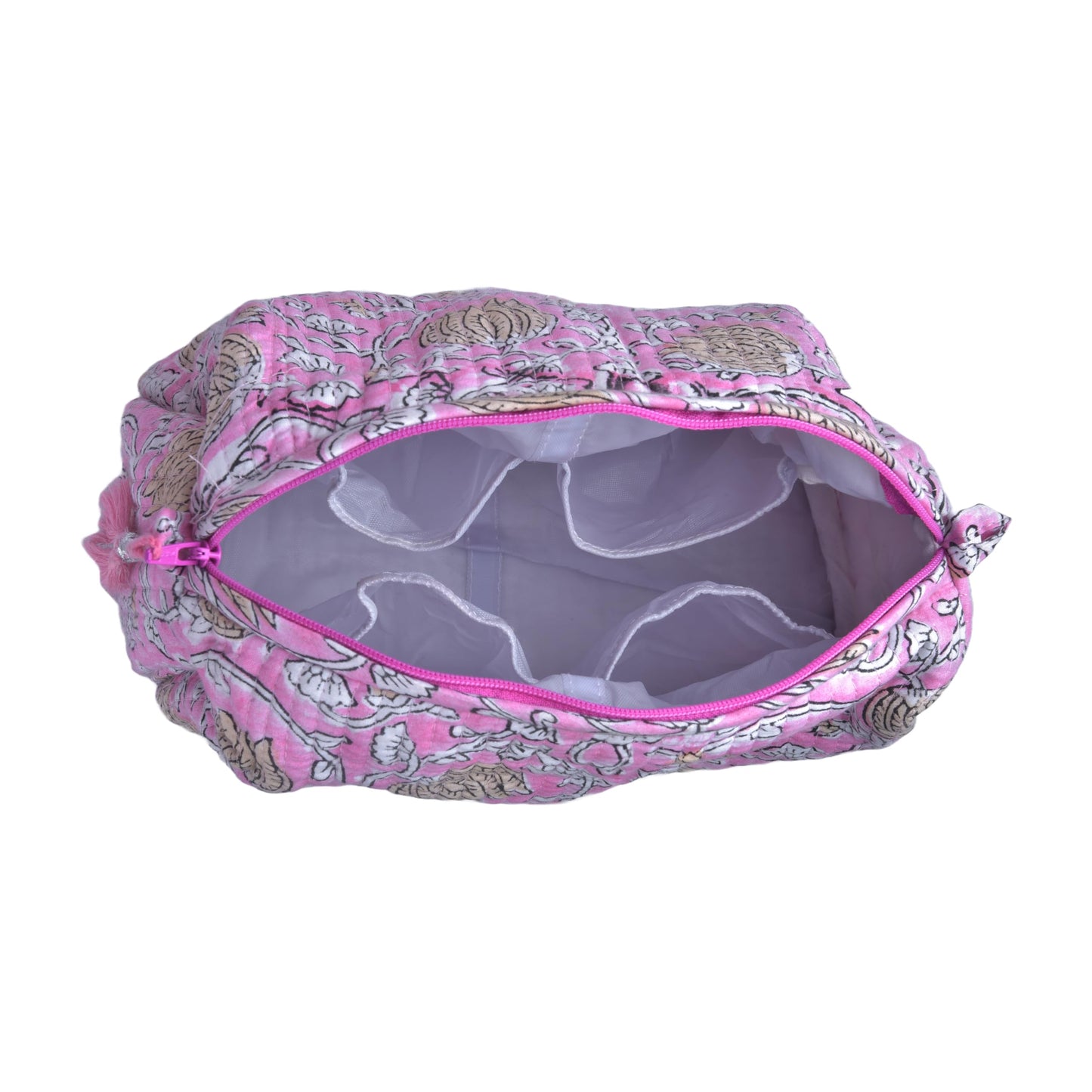 Quilted Floral Block Print Makeup Bag Set of 3 – Cotton Travel Toiletry and Makeup Organizer, Cosmetic Pouch, Toiletry Bag for Women, Cute Boho Coquette Make Up Bags for Women (Small, Medium, Large)