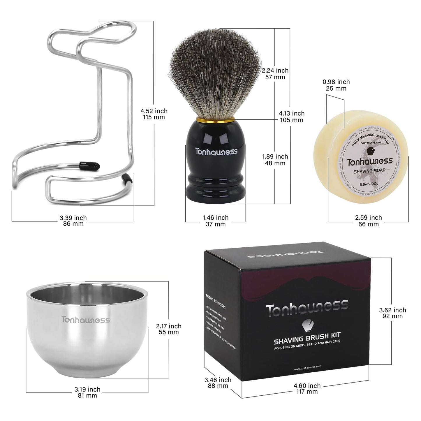 Tonhawness Shaving Brush Kit for Men, 4 in 1 Shaving Brushes Set Includes Badger Hair Shave Brush, Stainless Steel Shaving Bowl&Stand and Goat Milk Flavor Shaving Soap