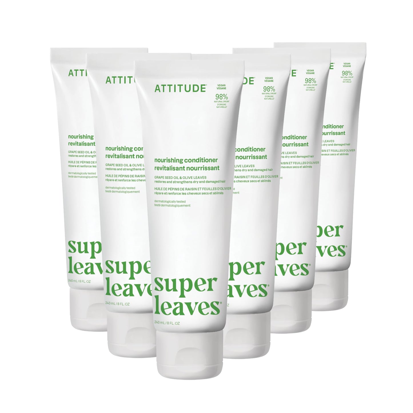 ATTITUDE Nourishing Hair Conditioner, For Dry and Damaged Hair, Naturally Derived Ingredients, Vegan Detangler, Dermatologically Tested, Grapeseed Oil and Olive Leaves, 8 Fl Oz (Pack of 6)