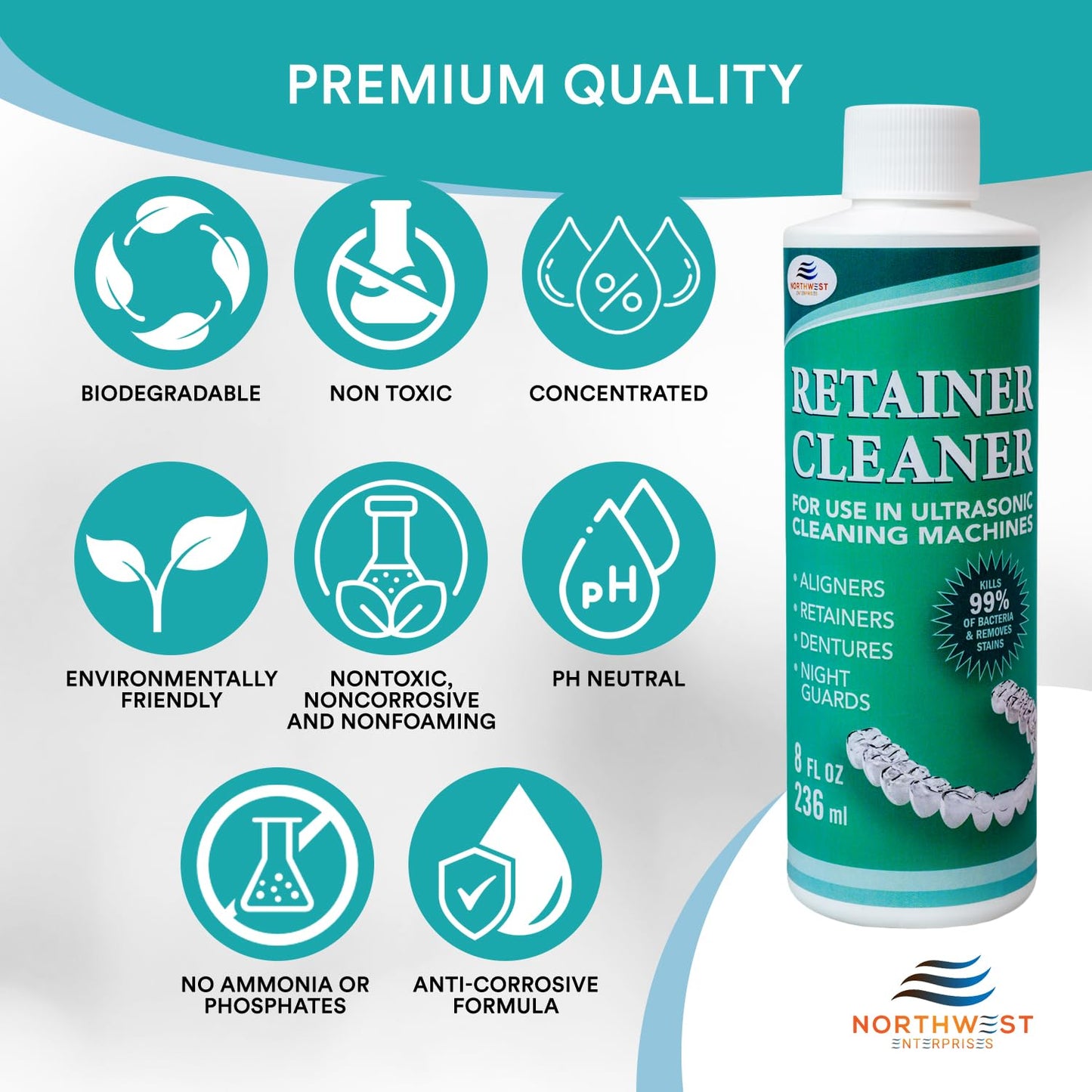 Ultrasonic Retainer Cleaner Solution Concentrate - Ultrasonic Denture Cleaner for Ultrasonic Machines - Cleans Mouthguards, Invisalign, and Nightguards - Updated Formula (Mint) (32 Ounces)