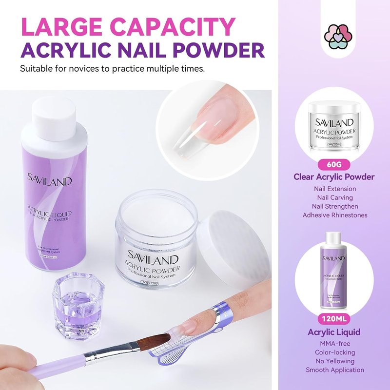 Acrylic Nail Kit - 100% Essential Oil Clear Acrylic Powder & Liquid Set | 2oz & 120ml with Practice Mat & Primer for DIY Nail Art