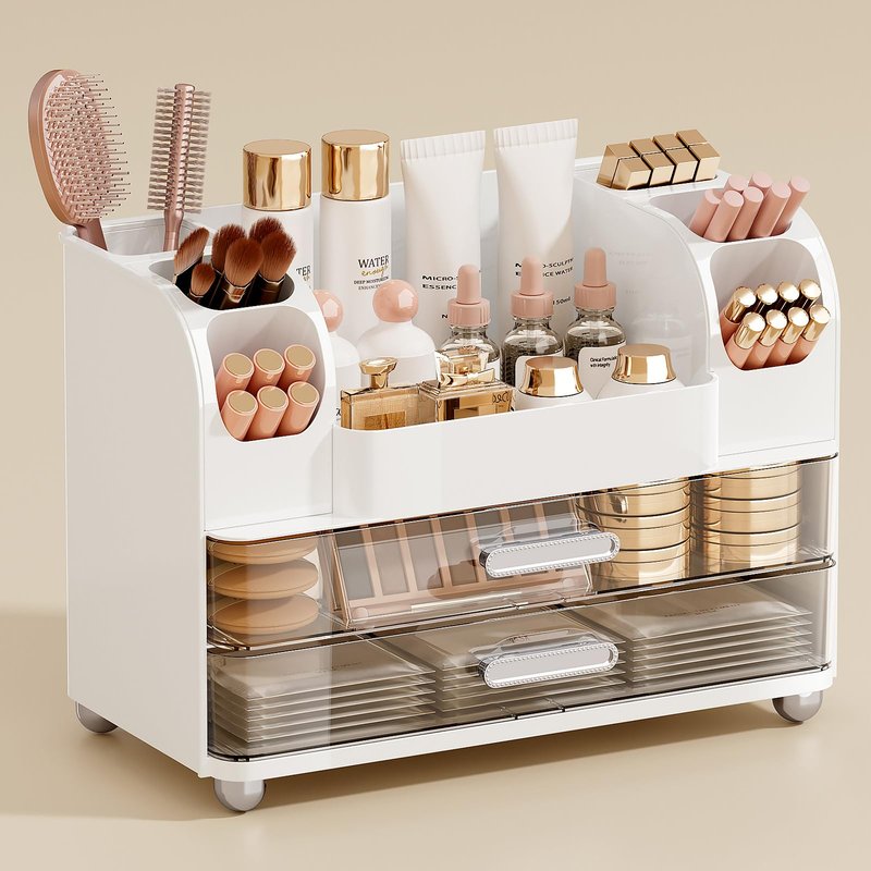 UFORU Makeup Organizer for Vanity with 2 Large Drawers, Cosmetic Display Case with Brush Holders, Easy to Storage for Bathroom Countertop Skincare, Perfume, White