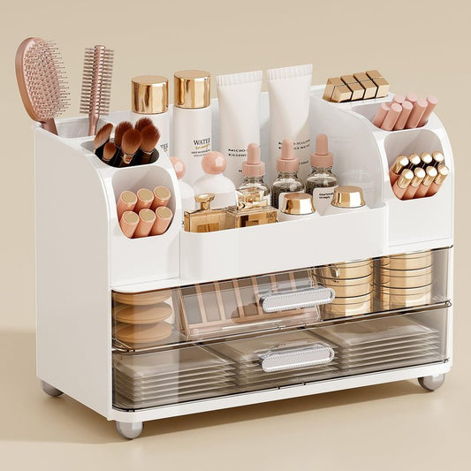 UFORU Makeup Organizer for Vanity with 2 Large Drawers, Cosmetic Display Case with Brush Holders, Easy to Storage for Bathroom Countertop Skincare, Perfume, White