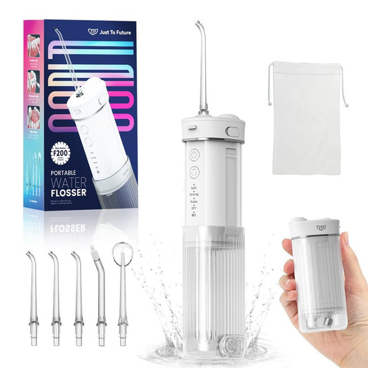 JTF Portable Water Flosser for Travel: Compact Mini Design, 3 Modes & 8 DIY Pressure Levels for Sensitive Teeth & Braces - with 5 Nozzles & Removable 230ml Tank, Cordless Oral Irrigator for On-The-Go