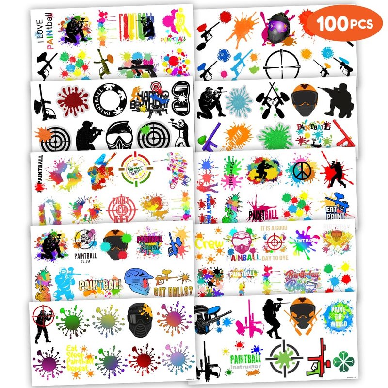 100 PCS Paintball Temporary Tattoos (10 Sheets) - Gun Shooting Themed Birthday Party Decorations & Favors, Cute Stickers Gifts for Boys, Girls, Class, School Carnival
