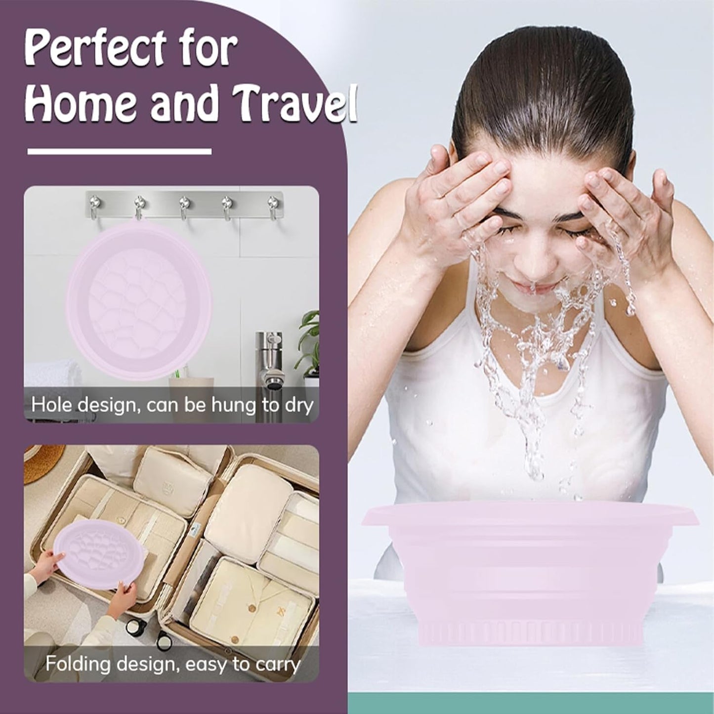 Portable Ice Bath Bowl for Face - Collapsible Silicone Bowl with Built-In Ice Tray for Acne Relief for Home, Travel & Parties (Purple)