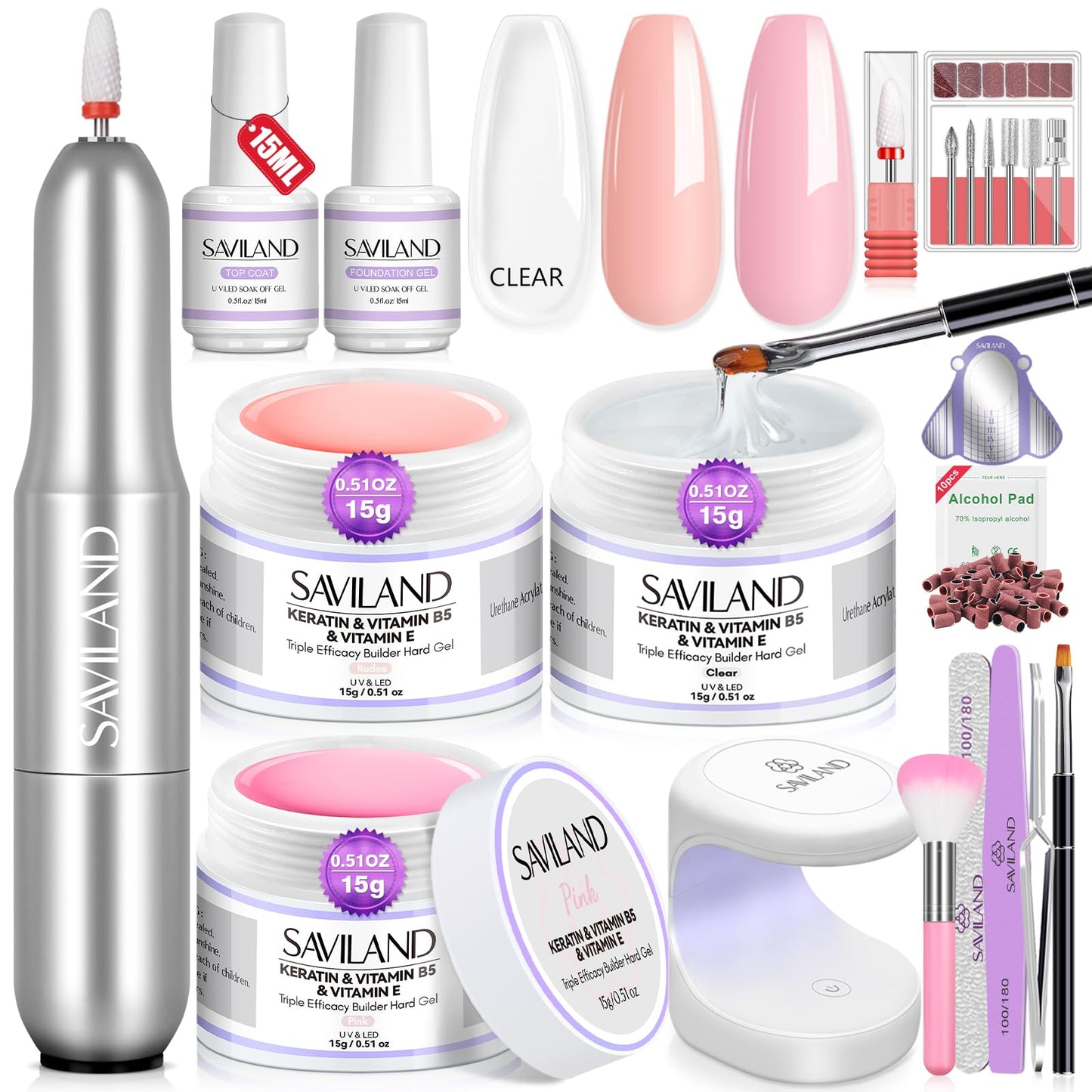 Saviland Builder Gel Set With Drill - 4 Pcs Hard Gel (VE&VB5&Kerain) Clear Pink Nudes, Lamp, Brush, Strengthener for Extension Shaping DIY at Home Salon