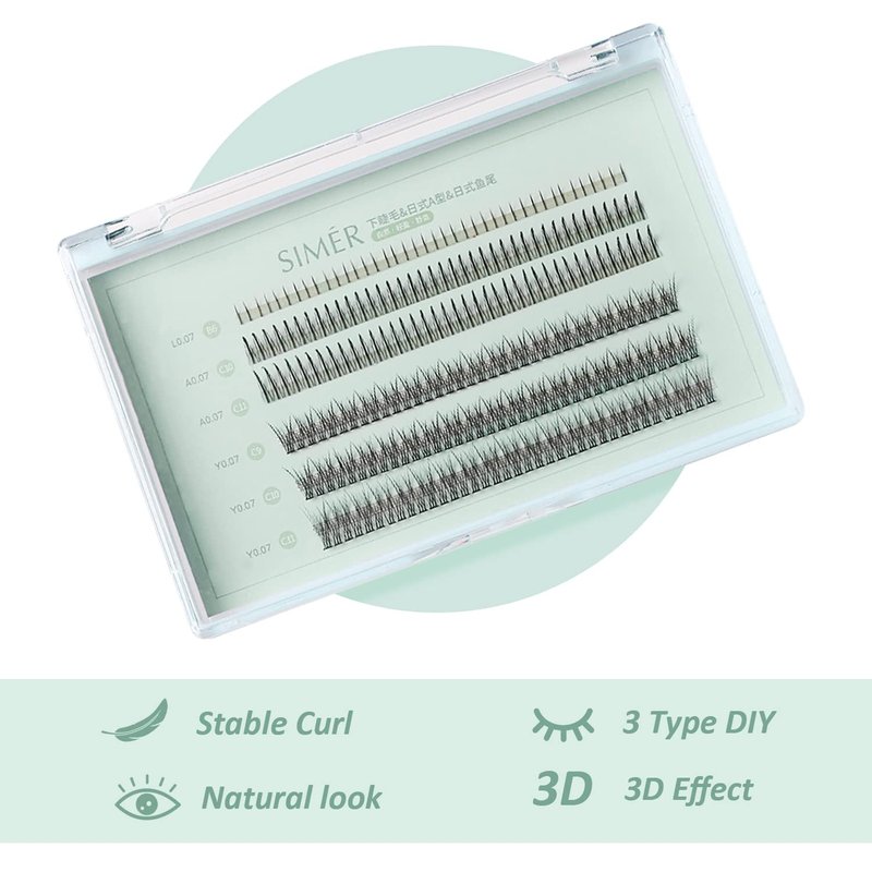 SIMER Individual Lashes 240 Clusters Lashes 3 Types Natural Eyelash Extension Kit DIY 0.07mm Thickness 6-11mm Fishtail Lash ＆ A Type ＆ Bottom Lashes False Eyelashes DIY at Home