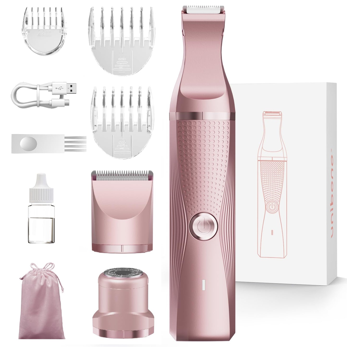 Pubic Hair Trimmer for Women-Unibono Bikini Trimmer, Replaceable 3-in-1 Electric Razors for Women, Electric Shaver in Poweverful Motor, Waterproof Personal Trimmer Groomer for Body Hair (Rose Gold)