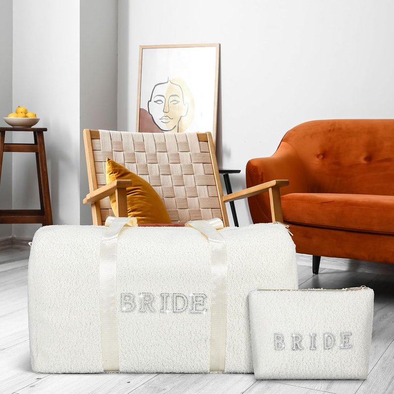 Bride Travel Bag Set - Plush Weekender Bag with Shoes Compartment & Makeup Pocket | Perfect Bridal Shower Gift