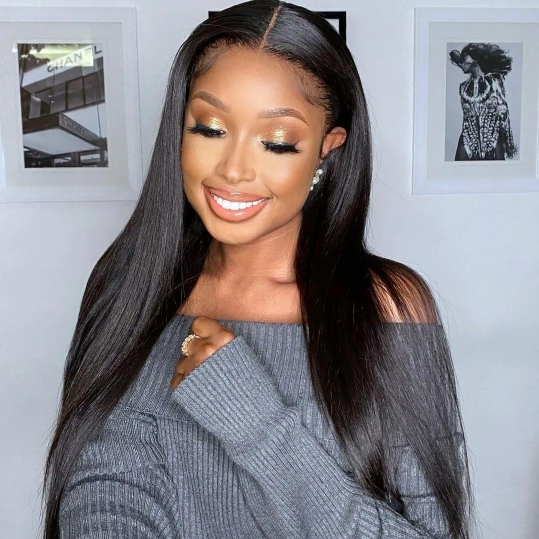 Looxey Lace Front Wigs for Black Women 13X6 Long Layered Straight Wig with Baby Hair Synthetic Hair Soft As Human Hair 24 Inch 1B Black Pre Plucked Bleached Knots Glueless Wig (Natural Black)
