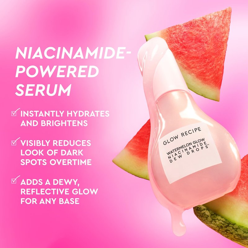 Glow Recipe Watermelon Glow Skin Care Set, Best of Dews & Hues - Full Size Niacinamide Dew Drops, Full Size Dewy Flush Watermelon Blush & Full Size Glass Balm Lip Treatment (3 Count)