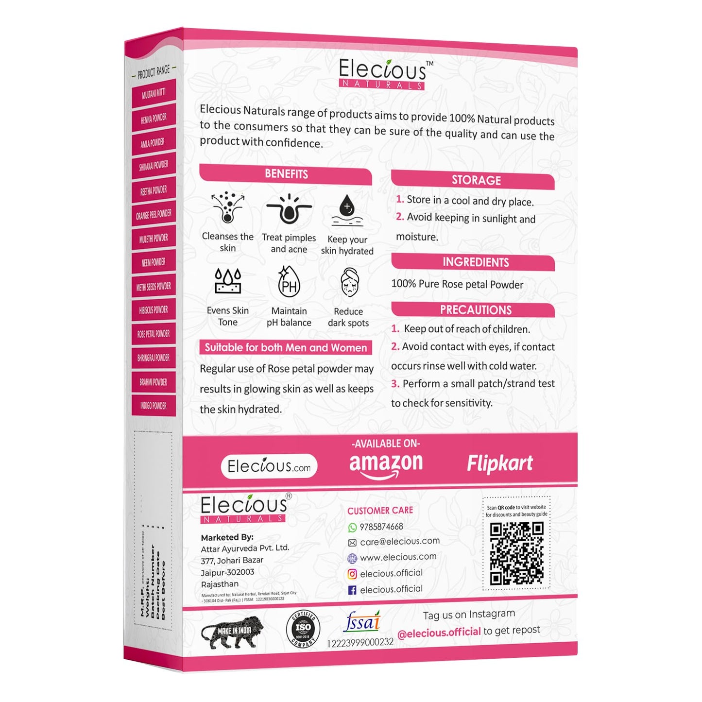 Elecious Pure Rose Petals Powder for Face, Skin and Hair Chemical-Free, Preservative Free, Non-GMO, No Artificial Color Added Moisturizes Dry Hair Cells 200gm