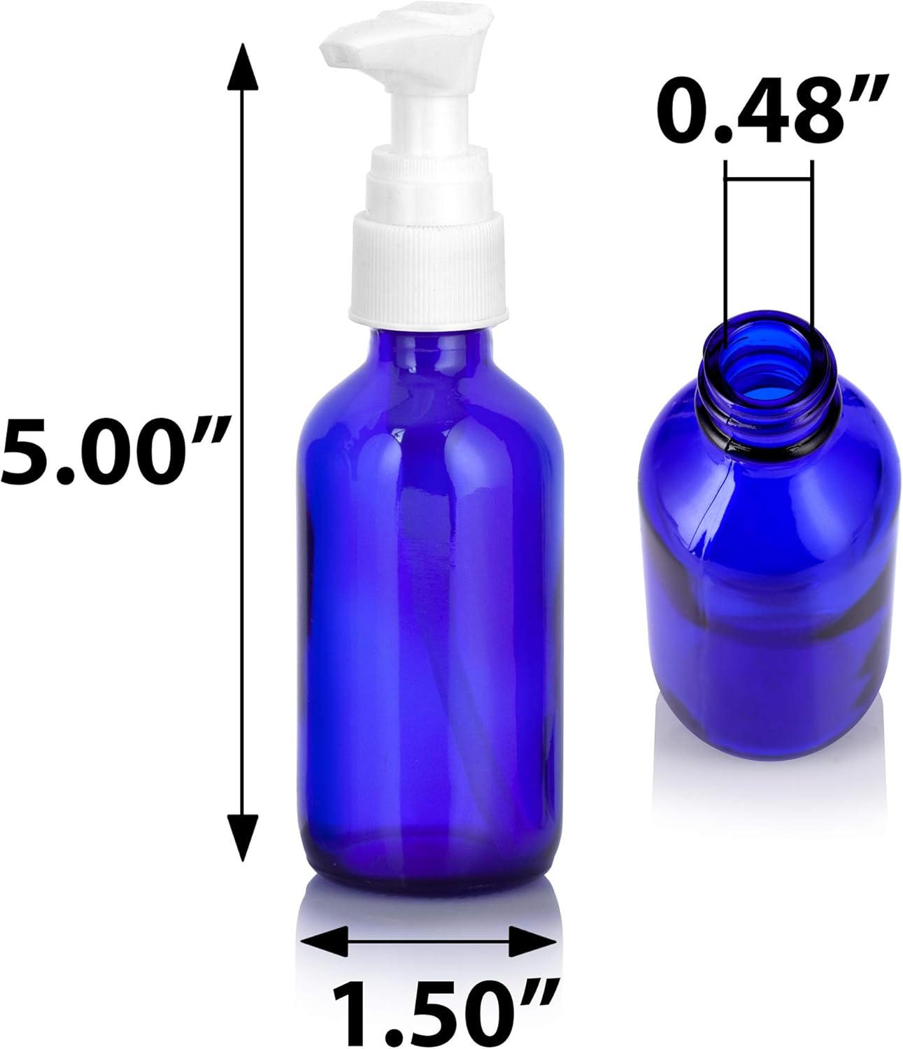 Blue Cobalt Glass Boston Round Bottles - 2 oz with White Lotion Pump | 12 Pack