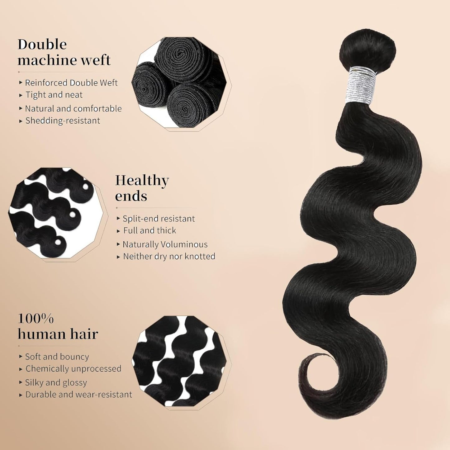 Body Wave Bundles - 24 Inch Natural Black Human Hair, Unprocessed Brazilian, Soft Double Weft Extensions