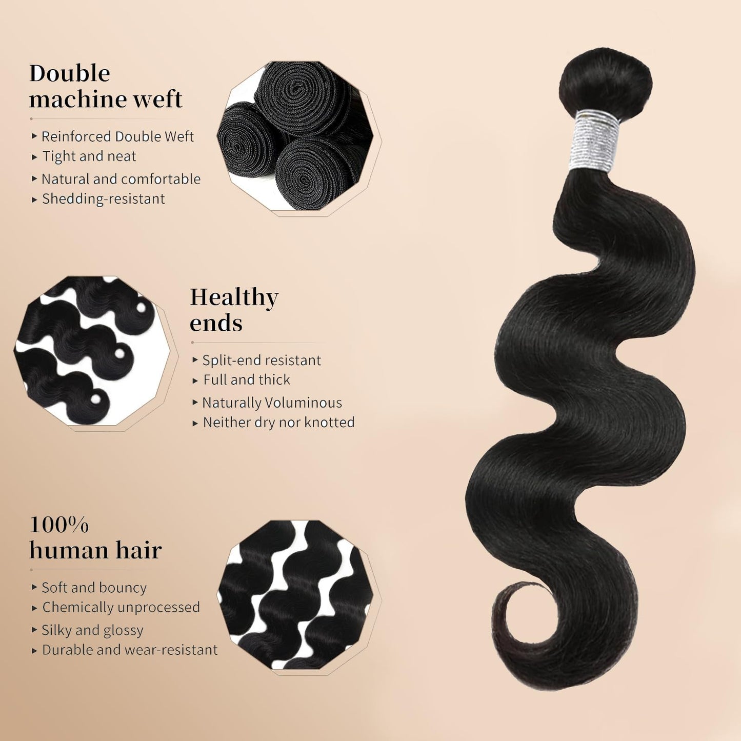EclatWigs 12A Body Wave Bundles Human Hair, 20 Inch Natural Black, Unprocessed Brazilian Bundles Human Hair, Soft Smooth Double Weft, Quick Weft Extensions for Women