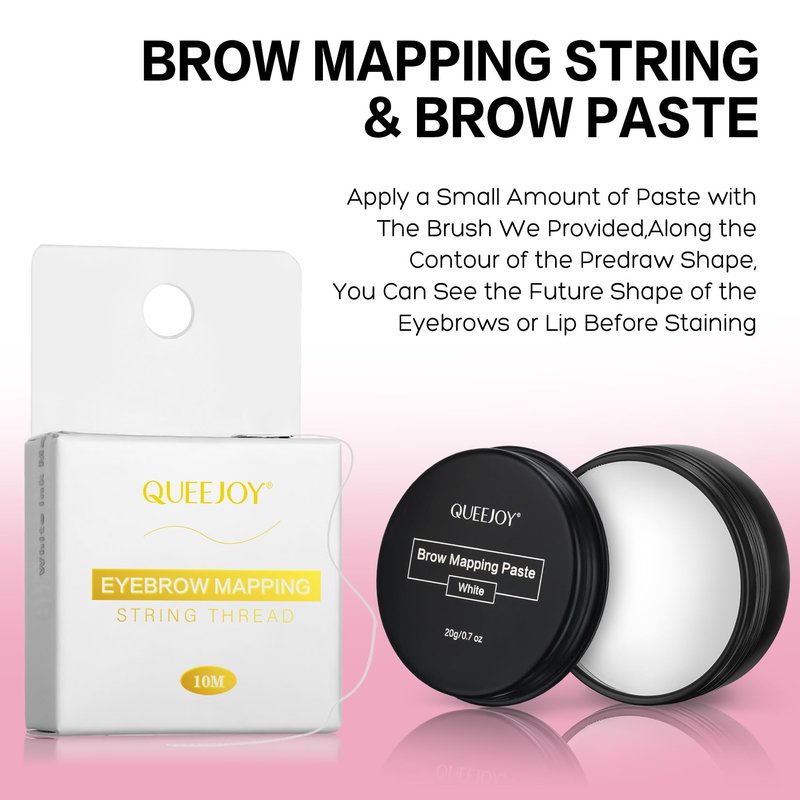 Eyebrow Mapping Kit with White Brow Mapping String, White Mapping Brow Paste, 2 Eyebrow Brush and 5D Soft Silicon Practice Silicone Lips Skin, Create Flawless Eyebrow Shape and Lip Mapping Practice