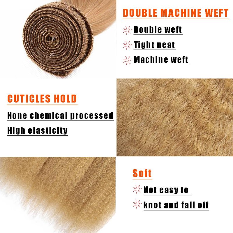 Honey Blonde Human Hair Bundles 16 18 20Inch Yaki Straight Wave Bundles Human Hair Unprocessed Native Virgin Hair 100/PC 3 Extensions #27 Blonde Color Wet and Wavy Human Hair Extensions for Women