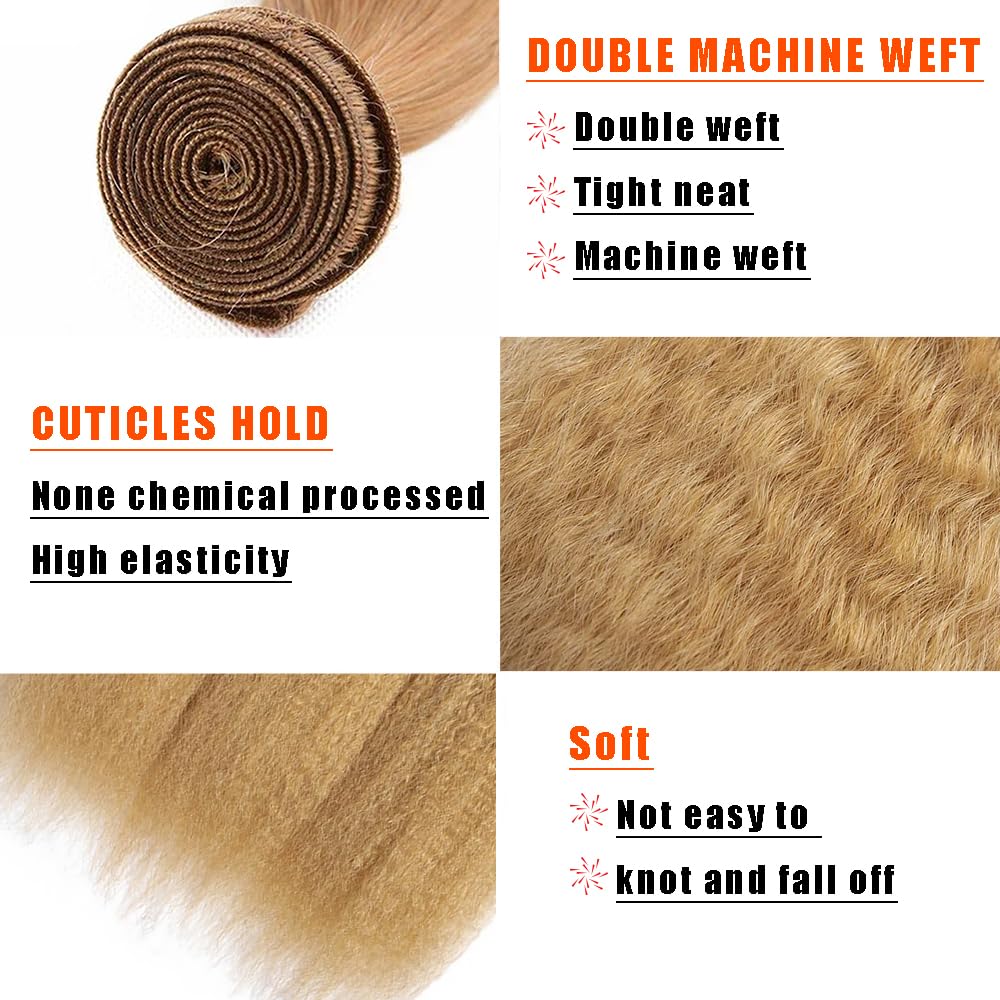 Honey Blonde Human Hair Bundles 14 16 18 Inch Yaki Straight Wave Bundles Human Hair Unprocessed Native Virgin Hair 100/PC 3 Extensions #27 Blonde Color Wet and Wavy Human Hair Extensions for Women