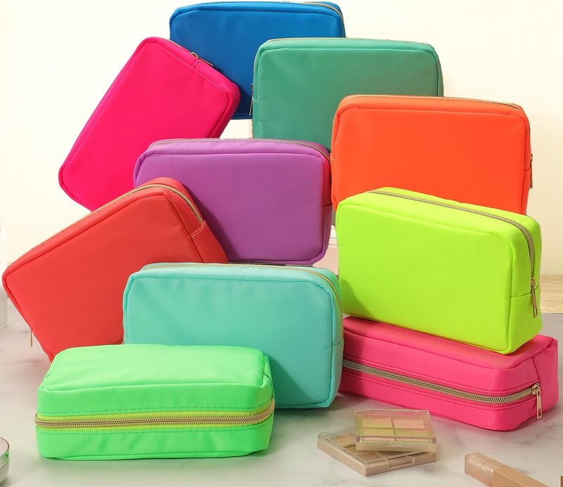 Nylon Makeup Organizer Bag - 10-Piece Reusable Cosmetic Travel Purse | Large Capacity, Neon Color
