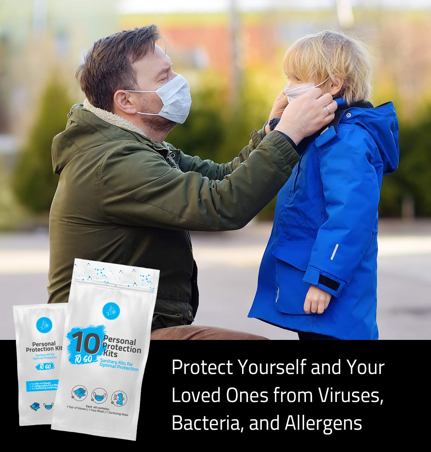 Personal Protection Kits – Mini 3 Item 10 PACK | Convenience on the Go | Individually wrapped pack for travelling | PPE Kit | Plastic Gloves, Hand Cleansing Wipes, Disposable Face Mask (Purple)