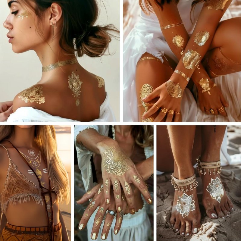 Gold Temporary Tattoos for Women - Metallic Flash Stickers & Glitter Face Tattoos - 120+ Boho Egyptian Festival Temporary Tattoo for Adults - Waterproof Gold Henna Set