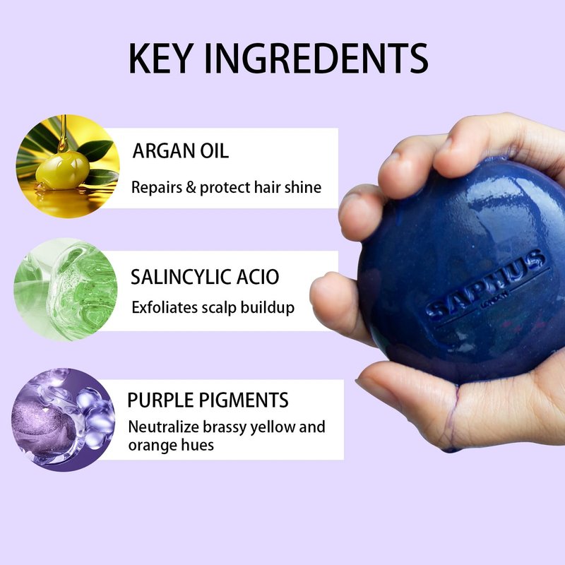 SAPHUS Sulfate Free Brass Toning Purple Shampoo Bar for Blonde, Bleached, Silver, or Brown Highlighted Hair, Travel Friendly, with Tin Container +Sponge