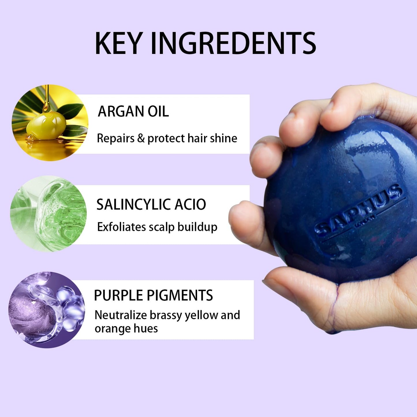 SAPHUS Sulfate Free Brass Toning Purple Shampoo Bar for Blonde, Bleached, Silver, or Brown Highlighted Hair, Travel Friendly, with Tin Container +Sponge