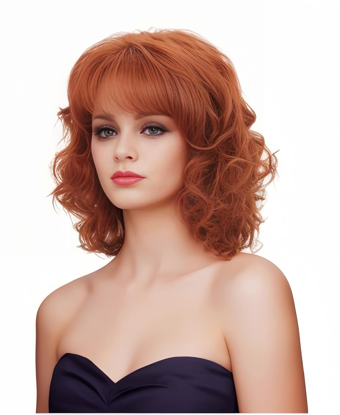 Gerulyss Short Copper Red Wigs for Women Auburn Wavy Shoulder Length Wig with Bangs Synthetic Ginger Curly Natural Wig for Role Play,Halloween,Daily Use