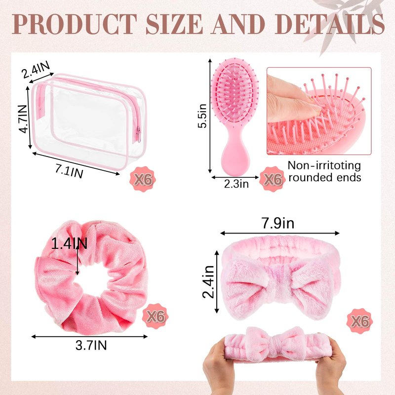 Daifunli 6 Set Pink Spa Party Favors for Women Travel Makeup Brush Bag Mini Hair Brushes Headband Scrunchies for Sleepover Bachelorette Wedding Bridal Shower Party Supplies Bridesmaid Gifts