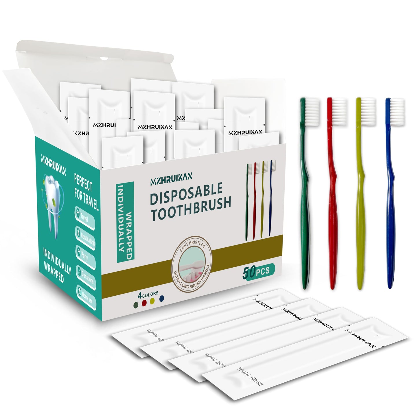 MZHRUIKAN 50 PCS Disposable Toothbrushes, Bulk Individually Wrapped Toothbrushes, Travel Toothbrush Pack, Ultra Soft Bristles & Non-Slip Handle, Perfect for Home, Travel, Hotel, Donation (50 Pieces)