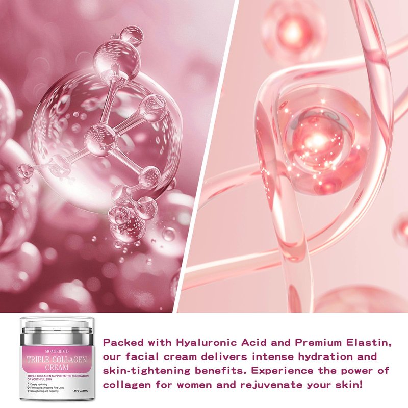 MOAGERDTD Triple Collagen Anti-Aging Face Cream - Hydrating & Firming Moisturizer with Hyaluronic Acid & Premium Elastin | Anti-Aging Wrinkle Care & Elasticity Booster - 1.86 oz