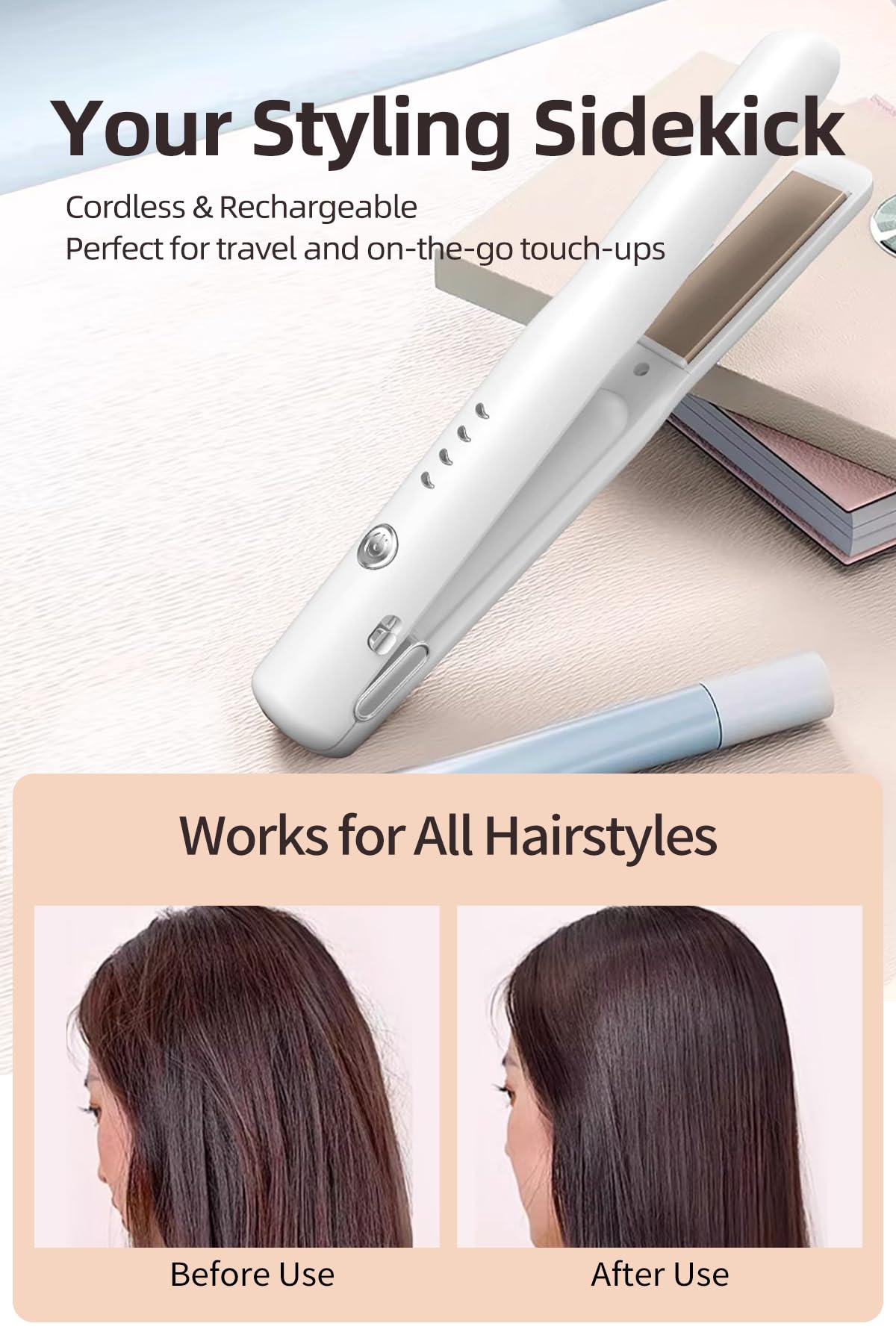 Cordless Hair Straightener, Negative Ion Flat Iron with 4-Level Temperature Control, Anti-Static Hair Iron, White