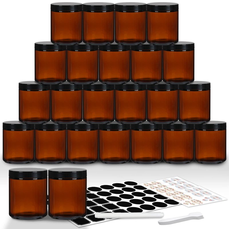 EkkoVla 24 Pack 8 oz Clear Round Glass Jars with 24 Black Lids, Candle Making Jar, Empty Refillable Cosmetic Containers for Lotions, Face Creams, Body Butter, Powders, Ointments, Beauty Products