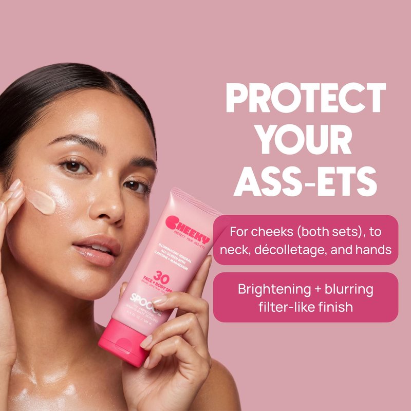 Spooge Cheeky | Shimmer Mineral Sunscreen SPF 30 | Zinc Oxide Sunblock | Glitter Sunscreen For Face & Body | Caffeine Infused Formula | Dermatologist Developed | Reef Safe Sunblock | 3.4oz