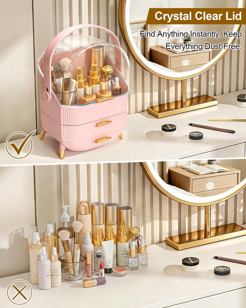 Bleutty Clear Makeup Organizer Countertop with Drawers and Lid, Dustproof Organizers and Storage for Bathroom Vanity, Ideal for Cosmetic, Beauty Supplies -Black