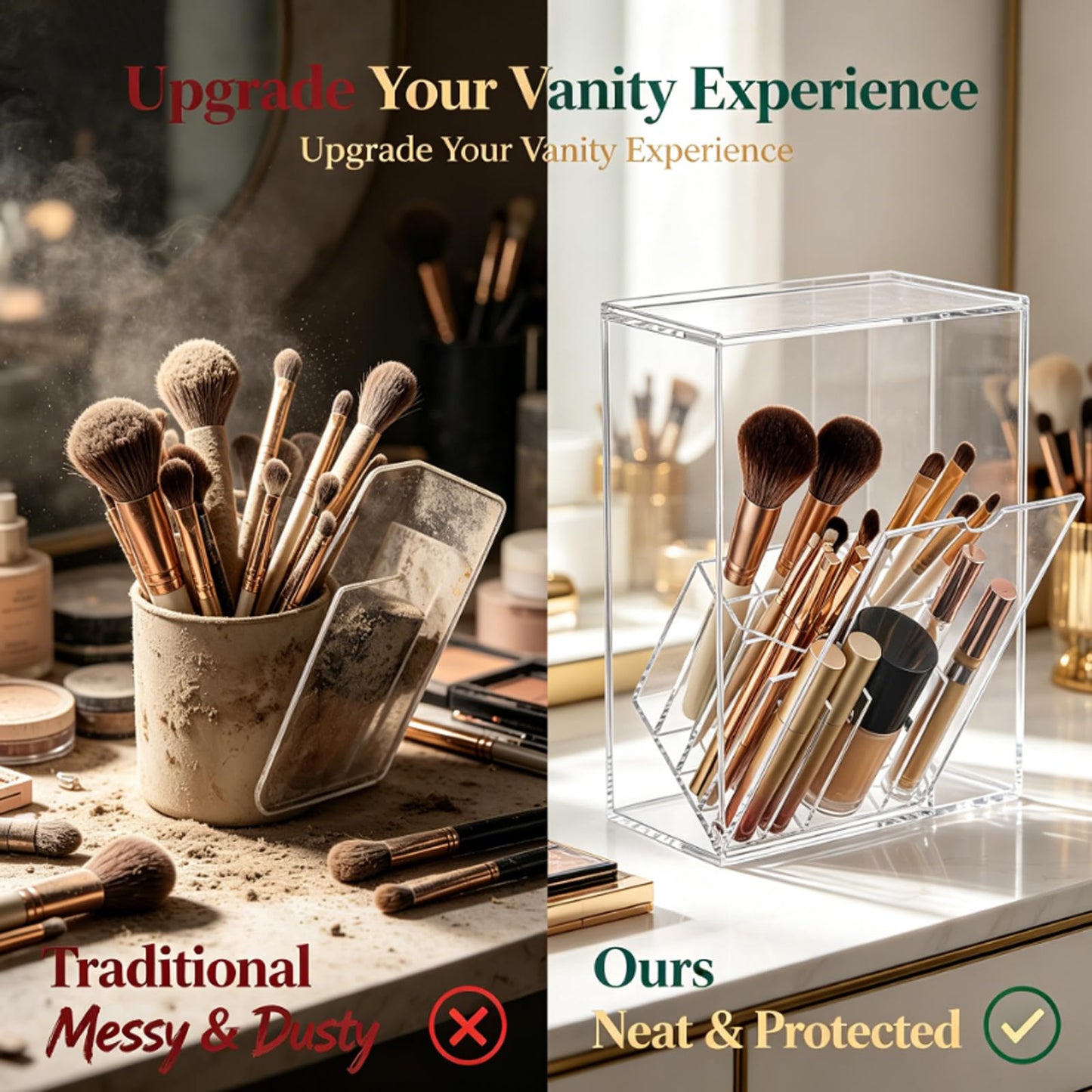 VORA Makeup Brush Holder, Clear Make Up Brush Holder Organizer with 17 Slots, Tilt Open Large Makeup Brush Holde with Lid, Acrylic Makeup Organizer for Vanity Decor Office Home