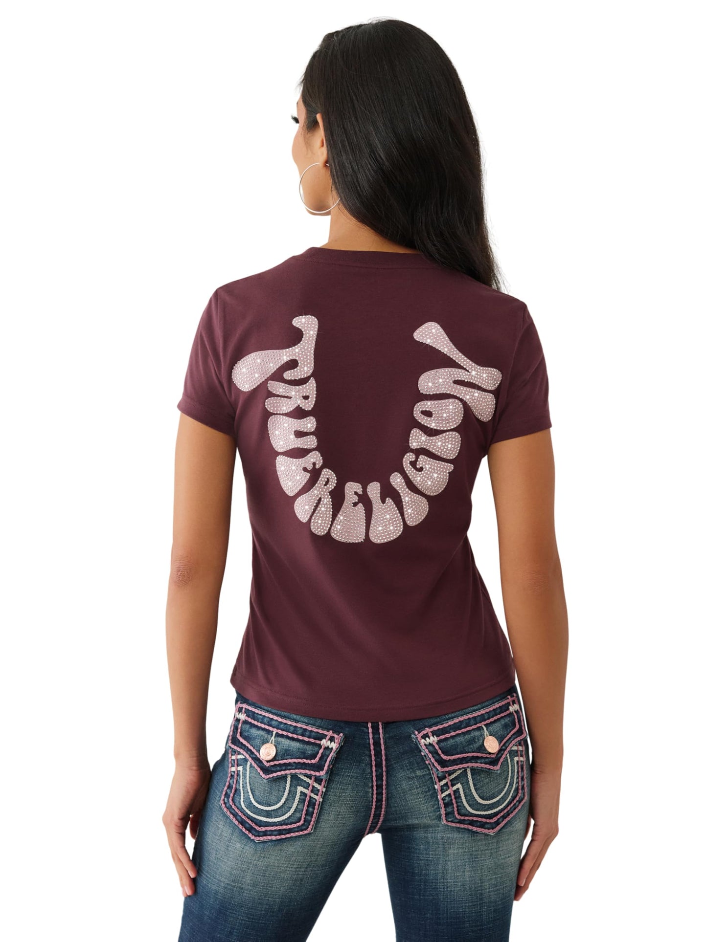 True Religion Women's Crystal Crew Tee – Short Sleeve Fitted T-Shirt