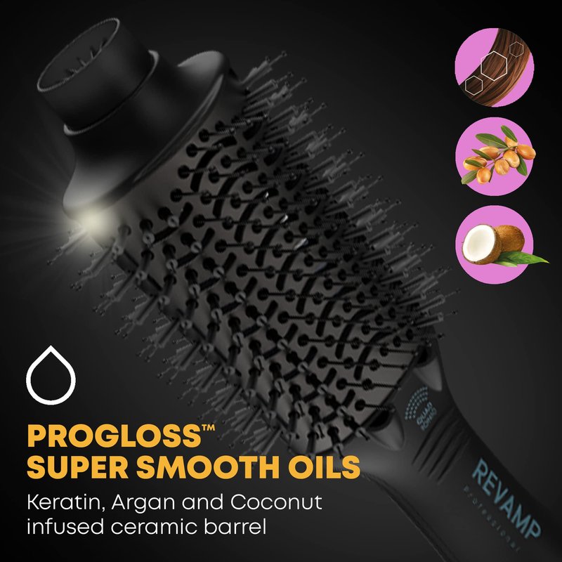 Revamp Progloss Perfect Blow Dry Volume Styler - Ceramic Barrel Hair Dryer Brush for Wet or Dry Styling, Infused with Progloss Oils for Frizz-Free Shine - Auto-Off & 9' Swivel Cord