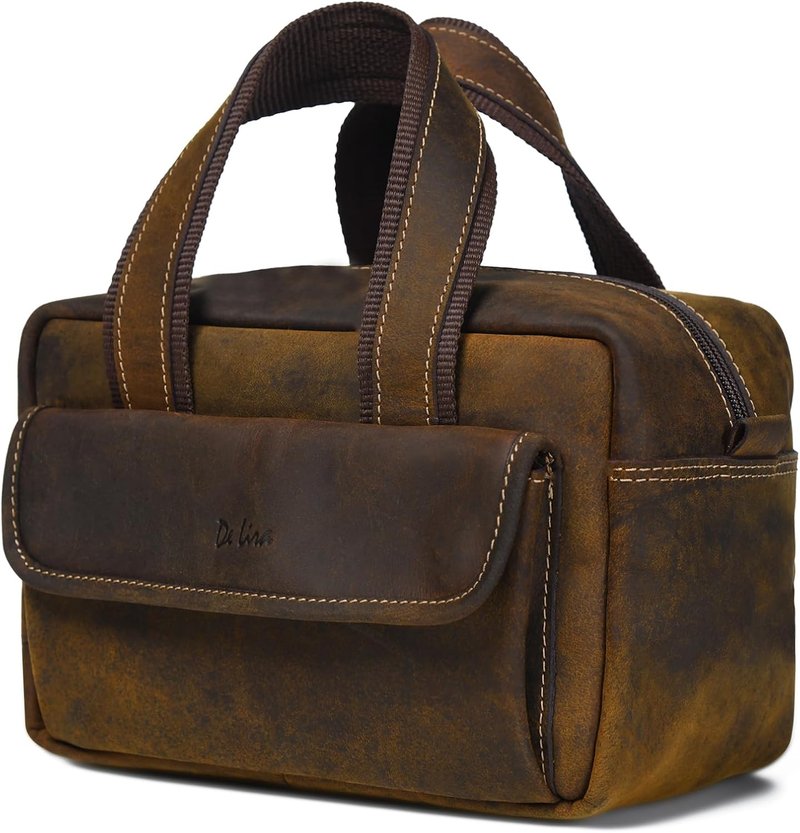 Extra Large Top-Grain Leather Toiletry Bag - Travel Organizer for Men & Women | Dark Brown, 10x6x5.5 in