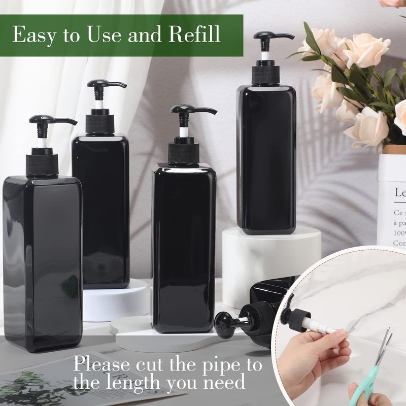 20 Pack 16oz/ 500ml Plastic Empty Bottles Refillable Shampoo Containers with Pump Lightweight Square Soap Dispenser Bottles for Essential Lotions, Shampoos, Conditioner, Massage Oil (Black)
