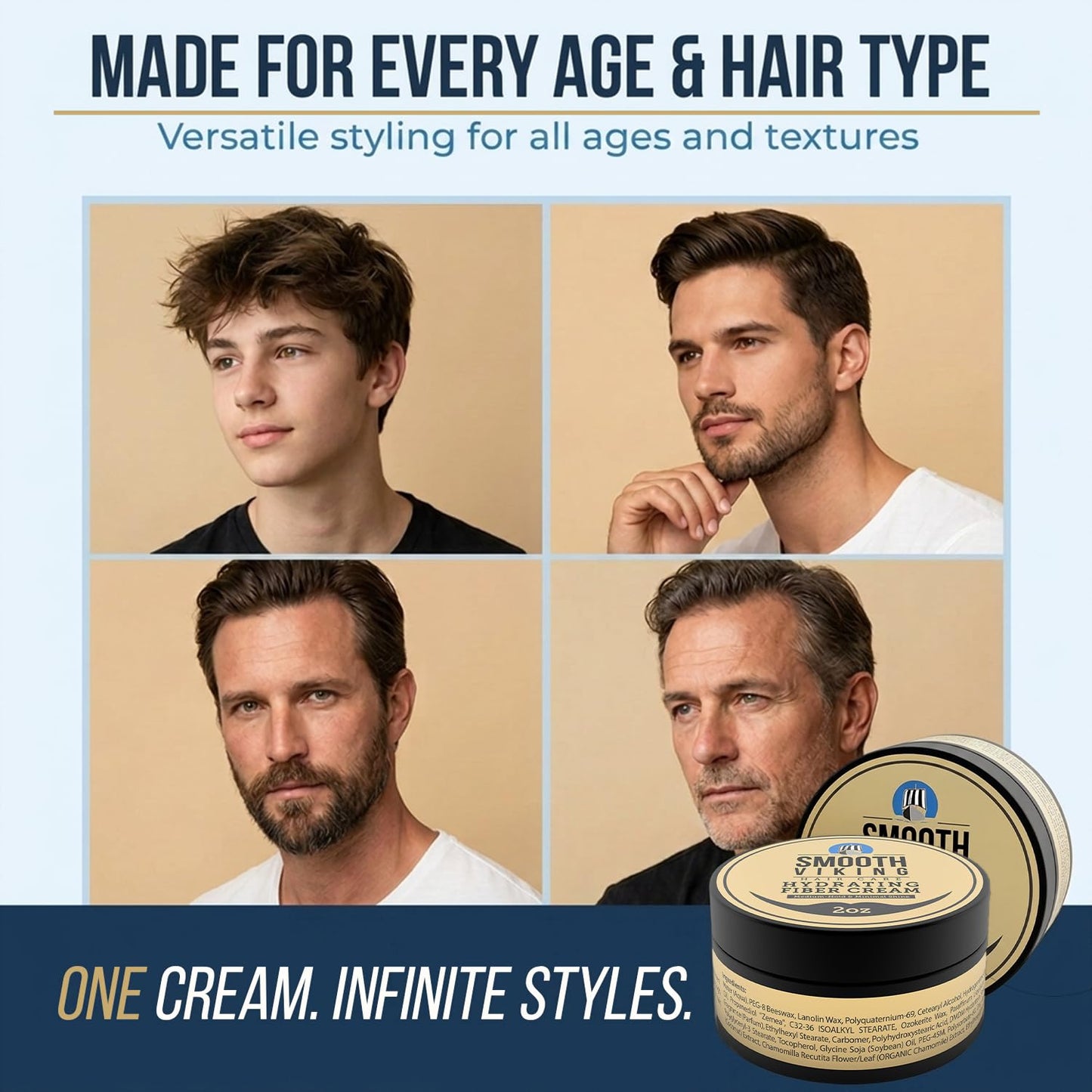 Smooth Viking Hydrating Fiber Cream for Men - Fiber Cream with Medium Hair Hold, Minimal Shine, 2oz - Hair Fibers for Thinning Hair, Flexible Mens Hair Cream for Natural Style