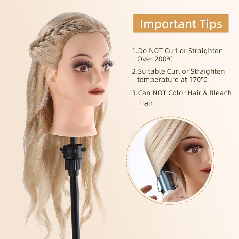 Human Hair Mannequin Head - 70% Real Hair Cosmetology Practice Doll for Hair Styling & Braiding