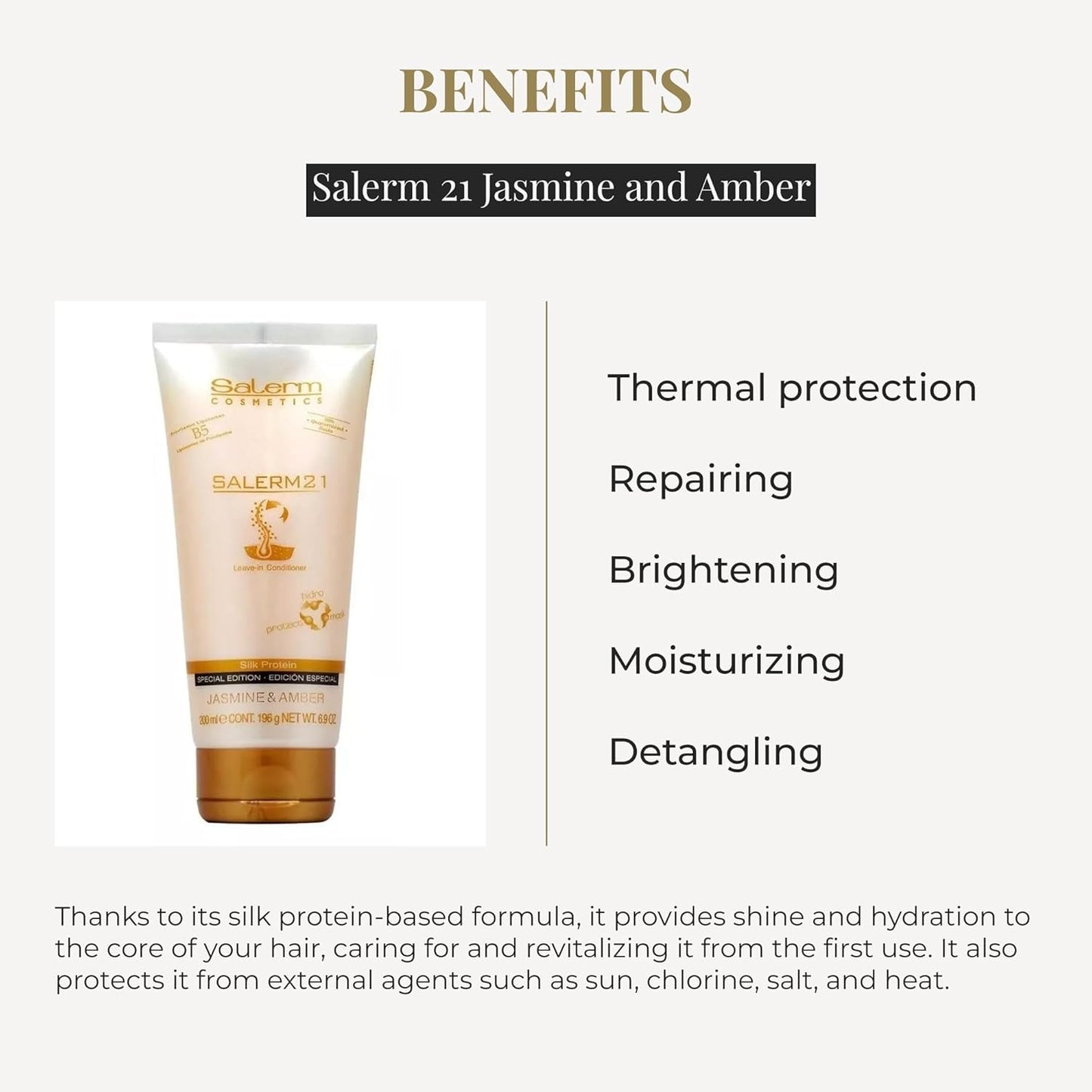 Salerm 21 Leave-In Mask & Conditioner - Jasmine & Amber - Anti-Frizz, Deep Hydration - 200 ml