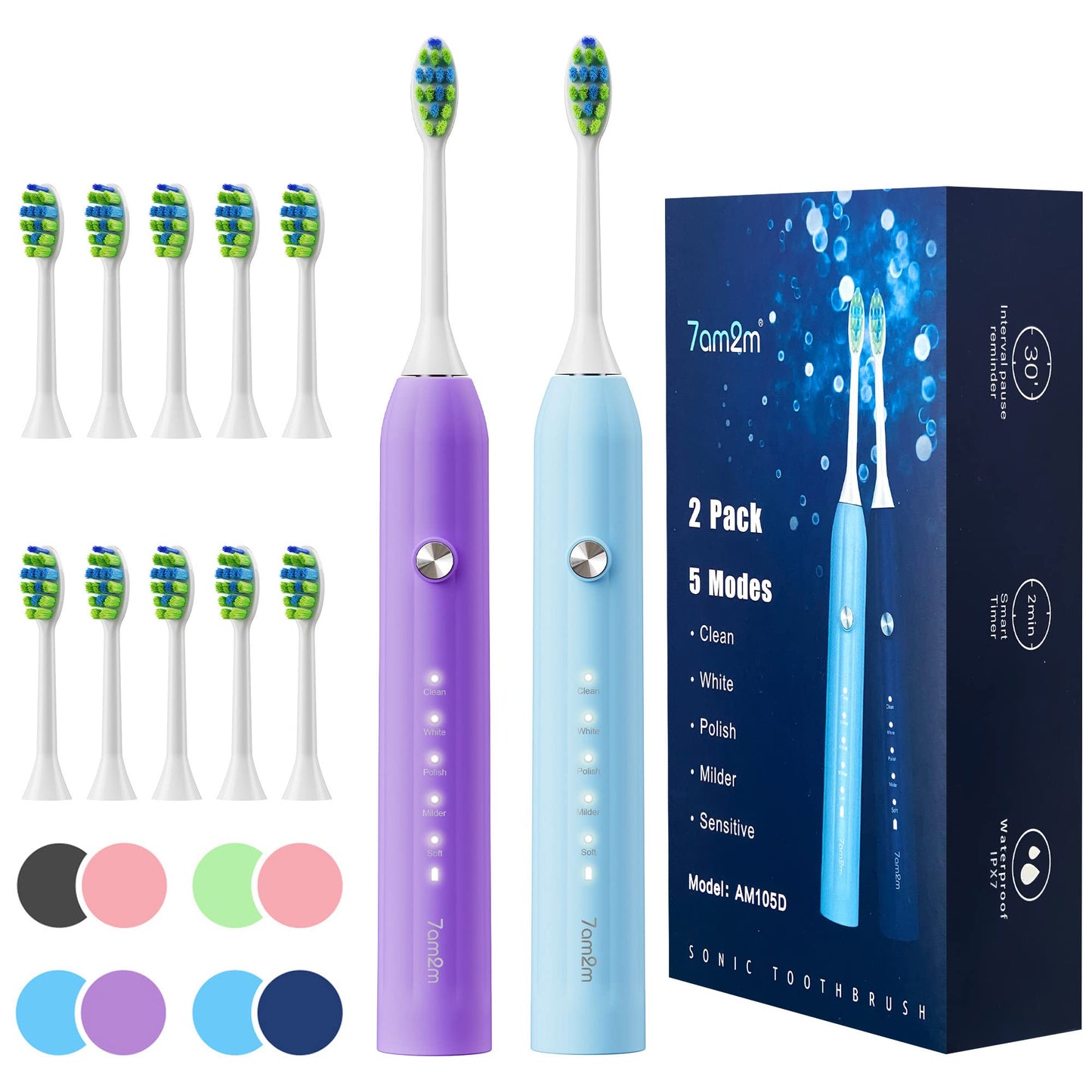 7AM2M Rechargeable Sonic Electric Toothbrush 2 Pack, Soft Toothbrushes for Adults and Kids with 12 Brush Heads, IPX7 One Charge Use for 90 Days, 5 Modes with 2 Minutes Build in Smart Timer