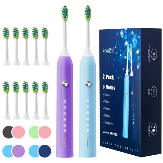 7AM2M Rechargeable Sonic Electric Toothbrush 2 Pack, Soft Toothbrushes for Adults and Kids with 12 Brush Heads, IPX7 One Charge Use for 90 Days, 5 Modes with 2 Minutes Build in Smart Timer