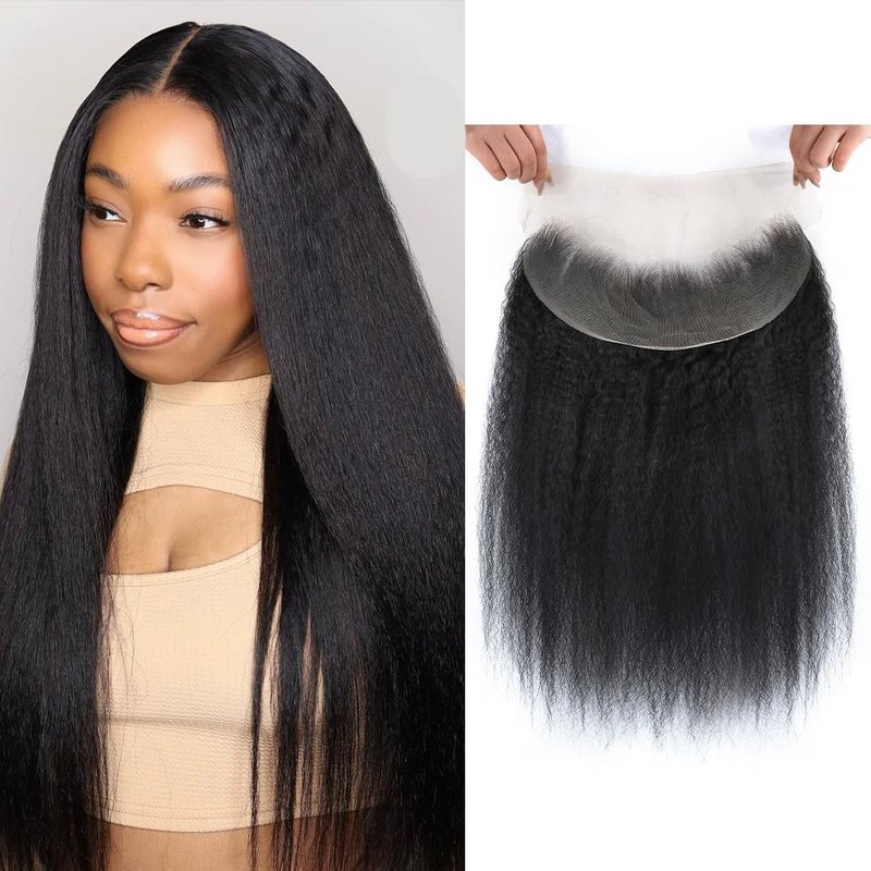 Kerriana 13x4 Lace Frontal Human Hair, Kinky Straight 13 by 4 Ear to Ear Transparent 12 Inch Yaki Straight Frontal Closure Natural Black Color For Women