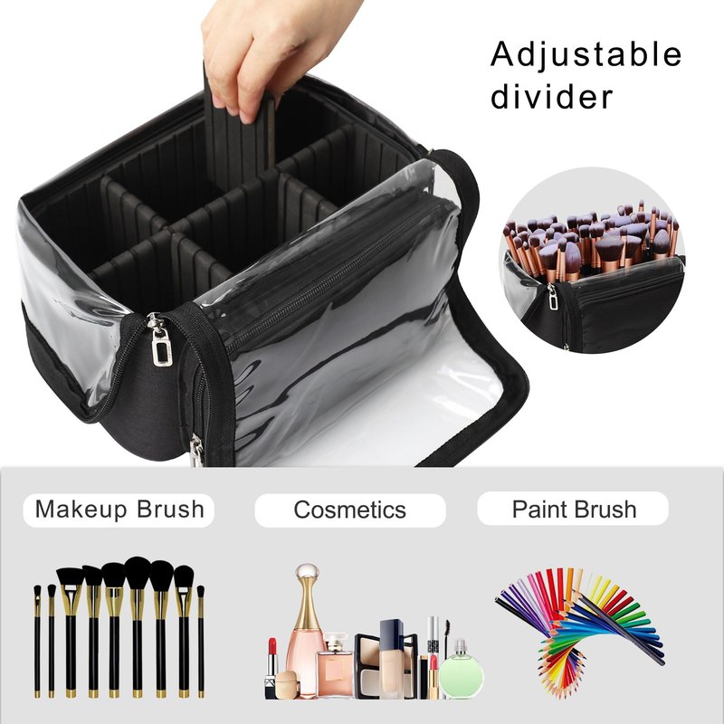 TANTO Makeup Brush Bag, Makeup Brush Holder Travel Extra Large Make up Brush Organizer Case Stand-up Makeup Cup Foldable Pro Cosmetic Artist Storage Bags with Adjustable Divide (01A-Black,X Large)
