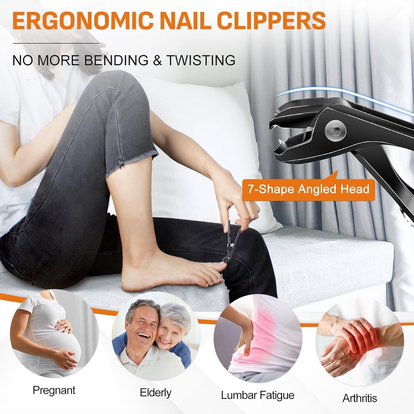Nail Clippers for Thick Nails - Heavy Duty Angled Head Toenail & Fingernail Clipper with Catcher | Long Handle, Black