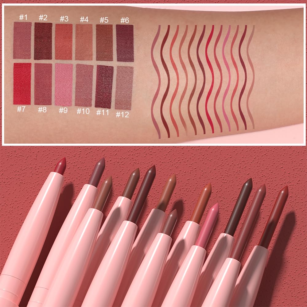 KIMIEYE 12 Colors Retractable Lip Liner Kit for Define & Sculpting Lips Shades, Long Lasting Waterproof High Pigment Matte Finish Creamy Texture Lip Liner Pencil Set for Women